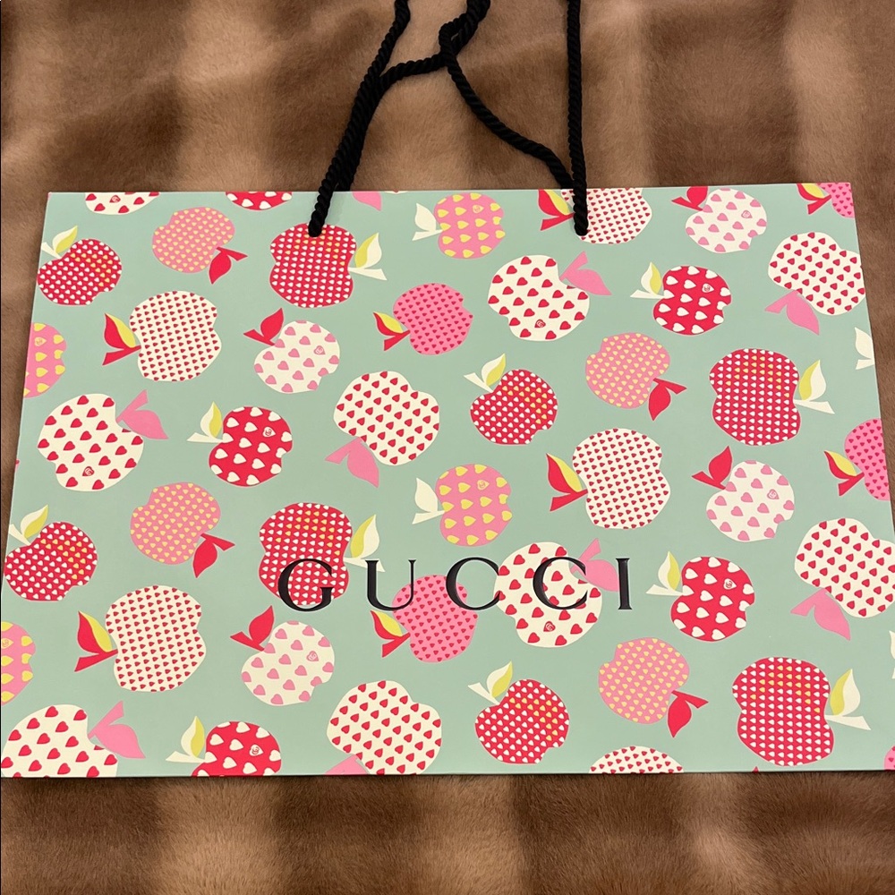Gucci Mint Green Shopping Bag with Pink & Red Apple Motif and rope Handles